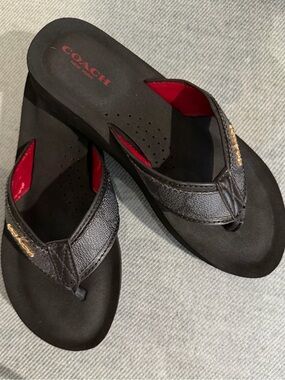 Coach “Judy” Black Leather Thong Sandals with Red Accents